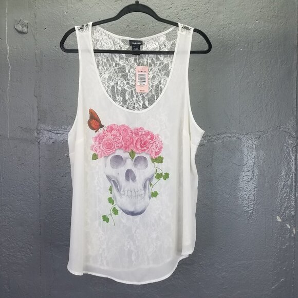 Torrid Tank Top Women XL Camisole Skull Lace Rose Butterfly Sleeveless Sheer NEW - Picture 4 of 16